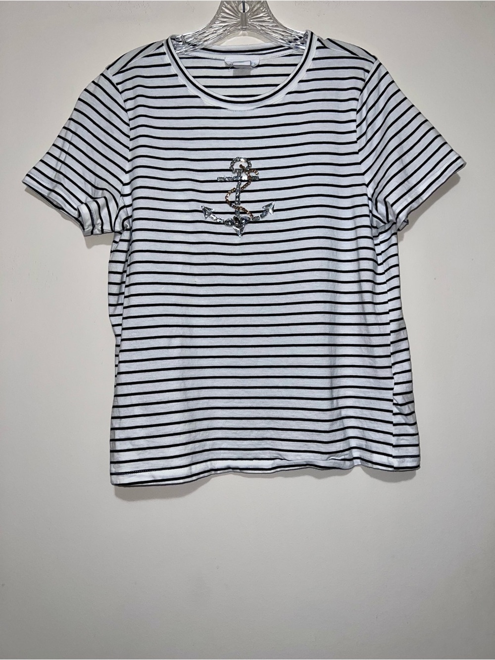 Cynthia Rowley Tee T-Shirt Anchor Nautical Rhinestones Bling Stripe Top Size M